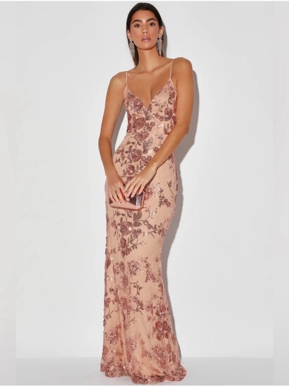 NWT Lulu's Rose Gold Sequin Floral Maxi Dress